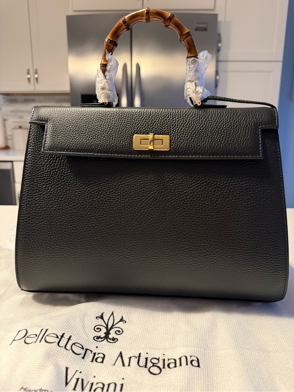 Pelletteria Artigiana Black Leather Top-Handle Bag with Bamboo Handle